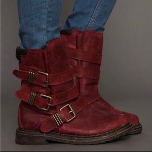 Jeffrey Campbell Trudge wine red maroon mid calf leather moto boots sz 6